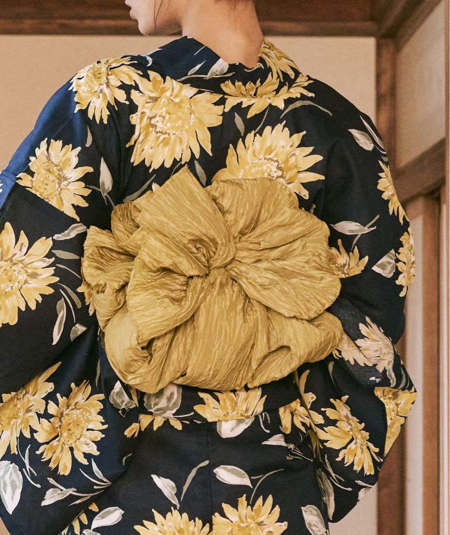 ひまわり柄 浴衣 ネイビー ゴールド帯