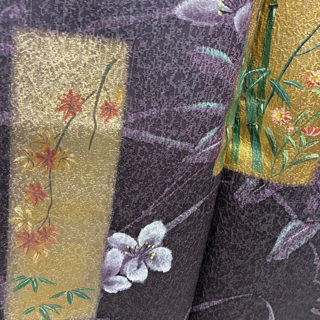 D22 訪問着 金彩 花模様 鶴 濃紫 正絹 着物 袷 極美品