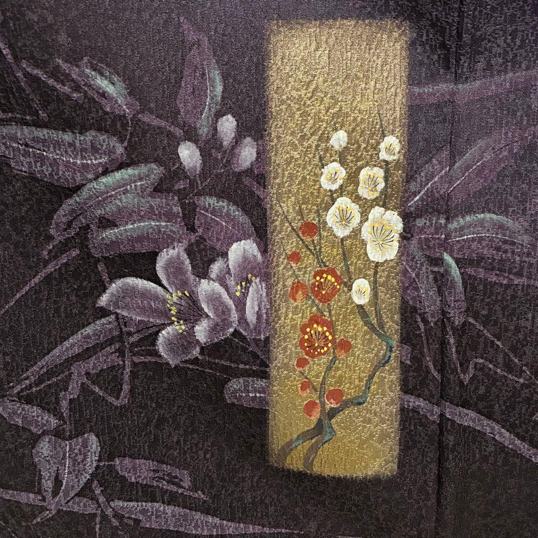 D22 訪問着 金彩 花模様 鶴 濃紫 正絹 着物 袷 極美品