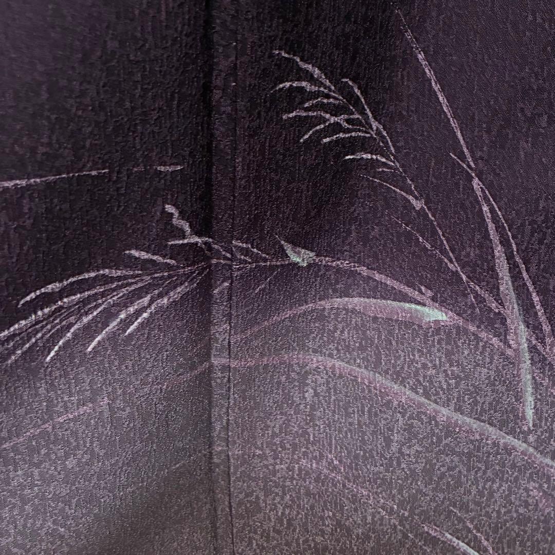 D22 訪問着 金彩 花模様 鶴 濃紫 正絹 着物 袷 極美品