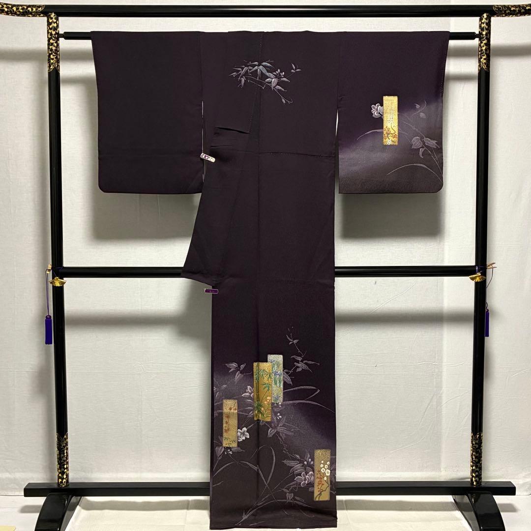 D22 訪問着 金彩 花模様 鶴 濃紫 正絹 着物 袷 極美品