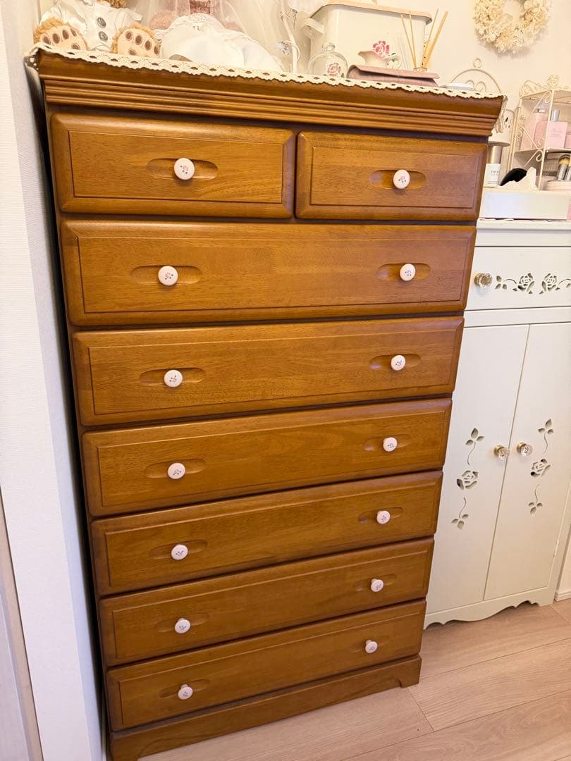 マニーローズ取手付き　木製チェスト7段 8引き出し ナチュラル仕上げ