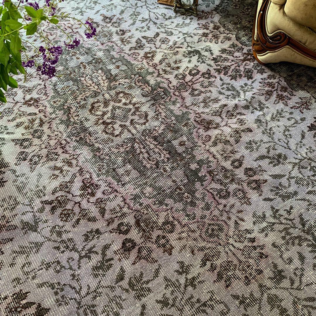 超大判　260×171 オーバーダイ ラベンダー　トルコヴィンテージラグ　グレー
