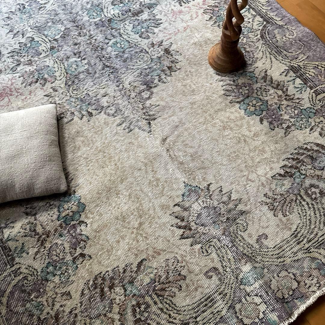 超大判169×274レアくすみラベンダー×クリーム　トルコヴィンテージラグ