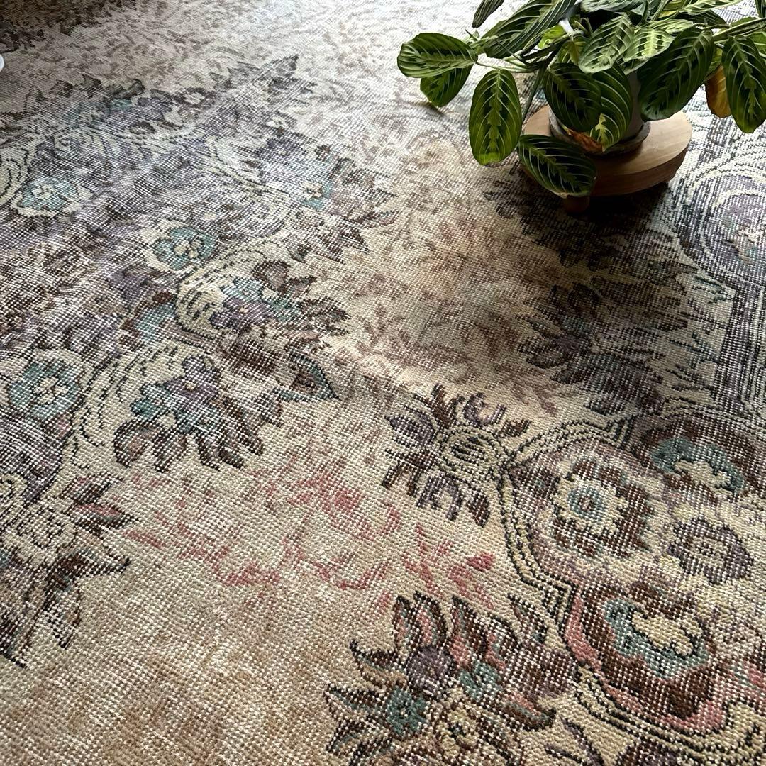 超大判169×274レアくすみラベンダー×クリーム　トルコヴィンテージラグ