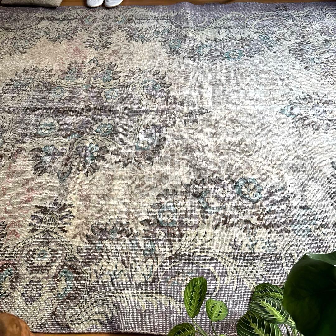 超大判169×274レアくすみラベンダー×クリーム　トルコヴィンテージラグ