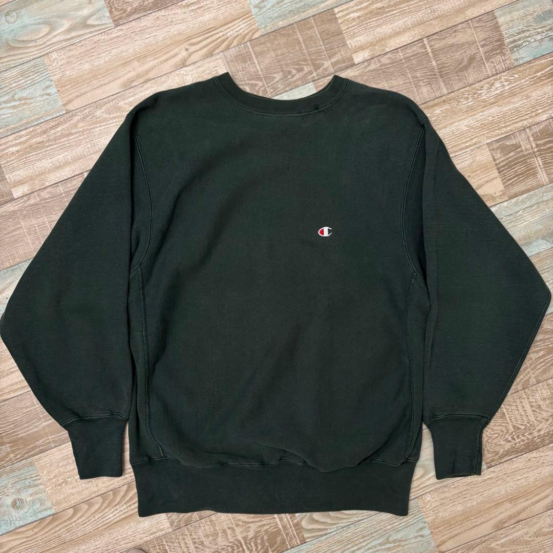 USA製 90s チャンピオン リバースウィーブ 無地 目あり 刺繍タグ モス