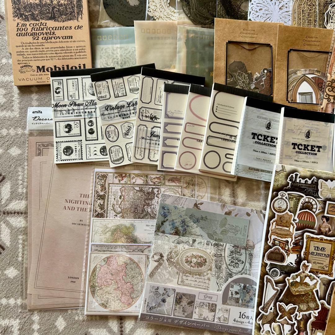 大量 紙モノ コラージュ素材まとめ売り レア シール 洋書 スタンプ マステ