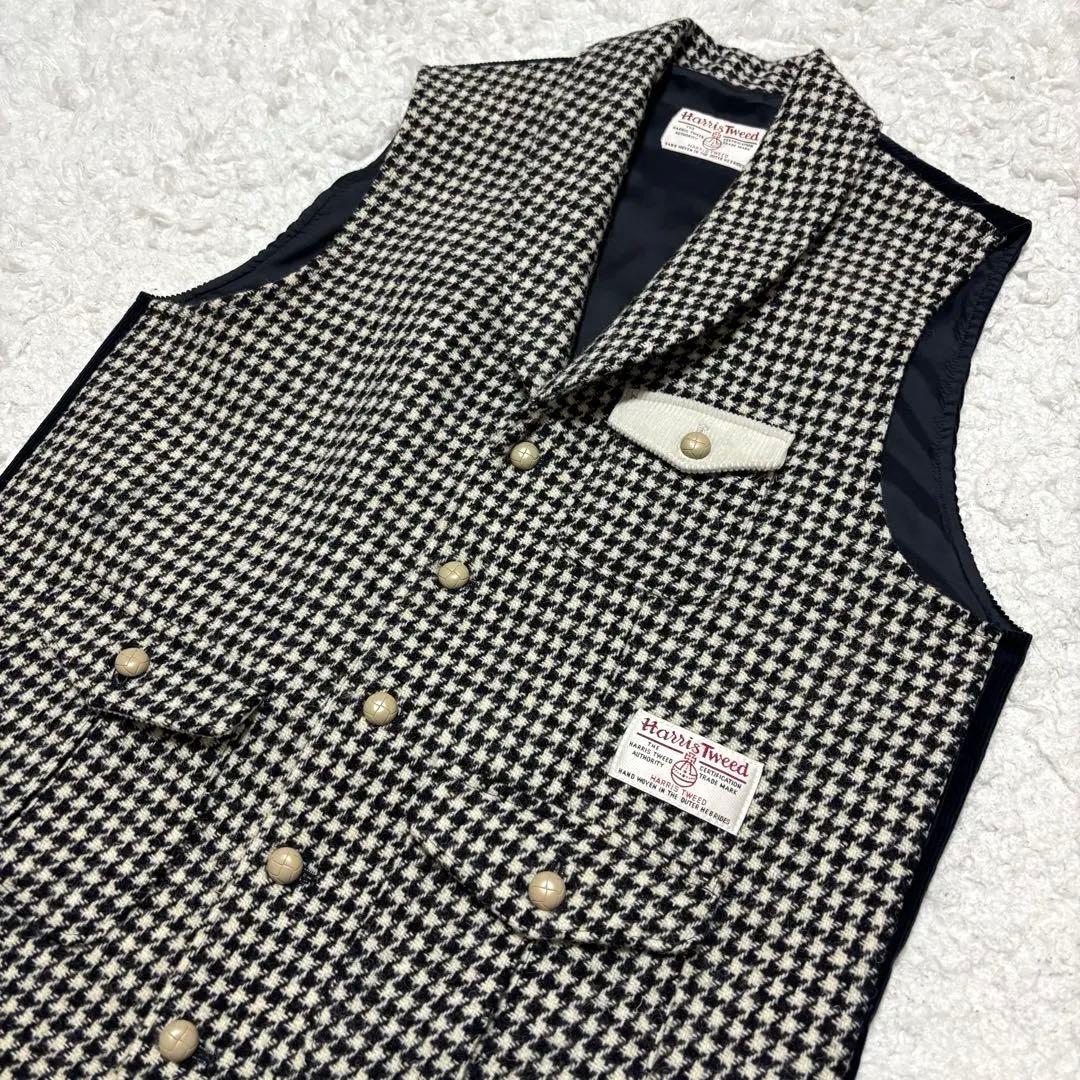 【未使用級】ハリスツイード 千鳥格子 クルミボタン ショールカラー ベスト LL