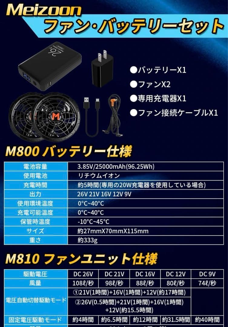 エアコン作業服26Vファンバッテリーセット、2024年型 25000mAh