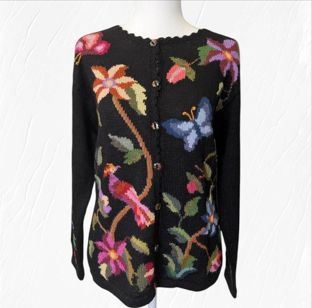 アルパカ １００％ 花柄 カーディガン ブラック Ｍ～Ｌ相当