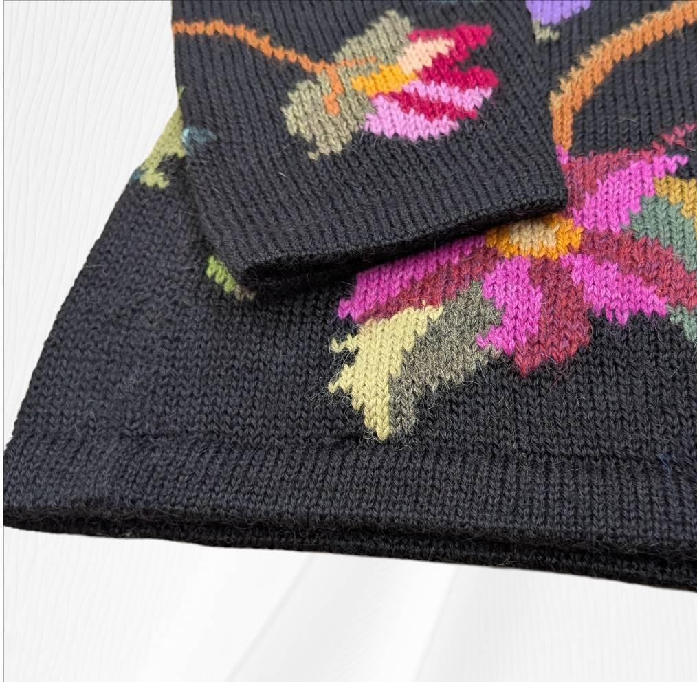 アルパカ １００％ 花柄 カーディガン ブラック Ｍ～Ｌ相当