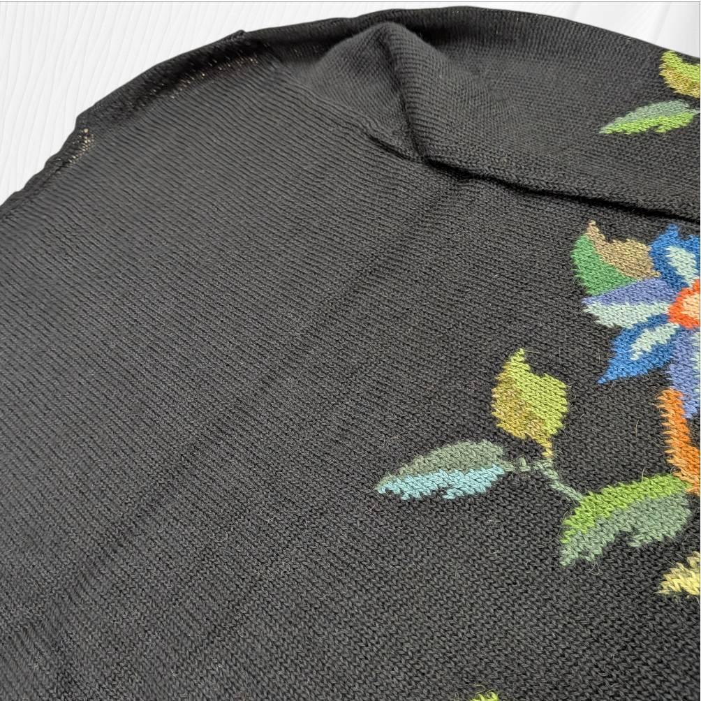 アルパカ １００％ 花柄 カーディガン ブラック Ｍ～Ｌ相当