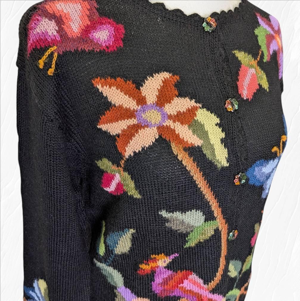 アルパカ １００％ 花柄 カーディガン ブラック Ｍ～Ｌ相当