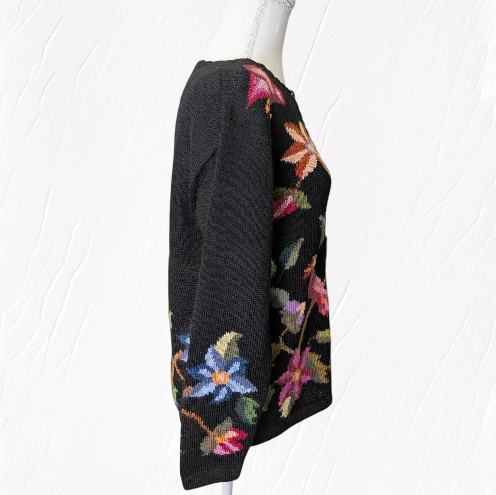 アルパカ １００％ 花柄 カーディガン ブラック Ｍ～Ｌ相当