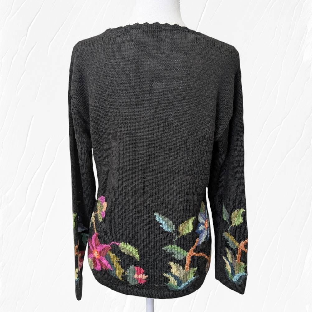 アルパカ １００％ 花柄 カーディガン ブラック Ｍ～Ｌ相当