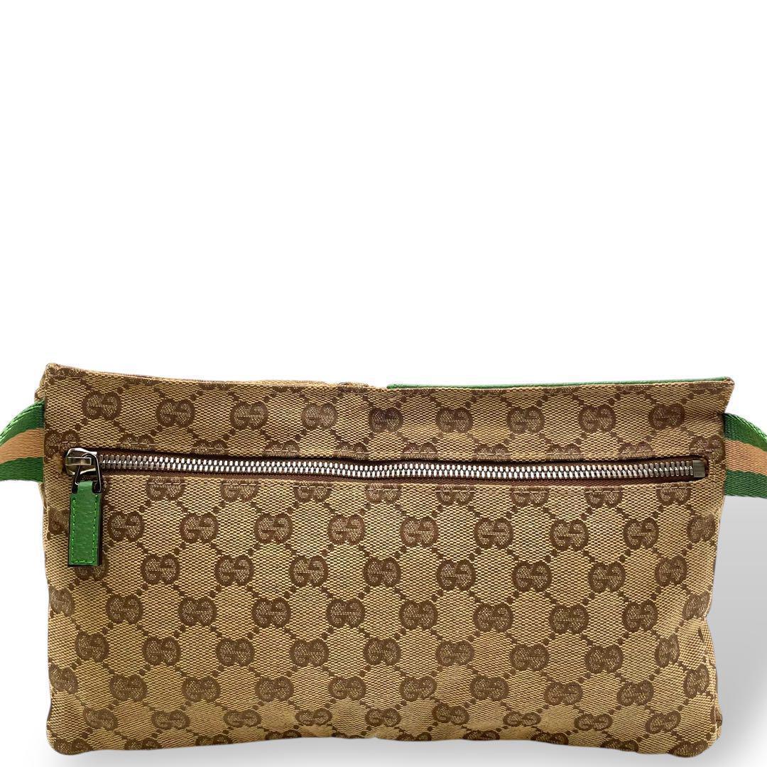 美品 GUCCI ボディバッグ キャンバス グリーン シェリーライン レザー