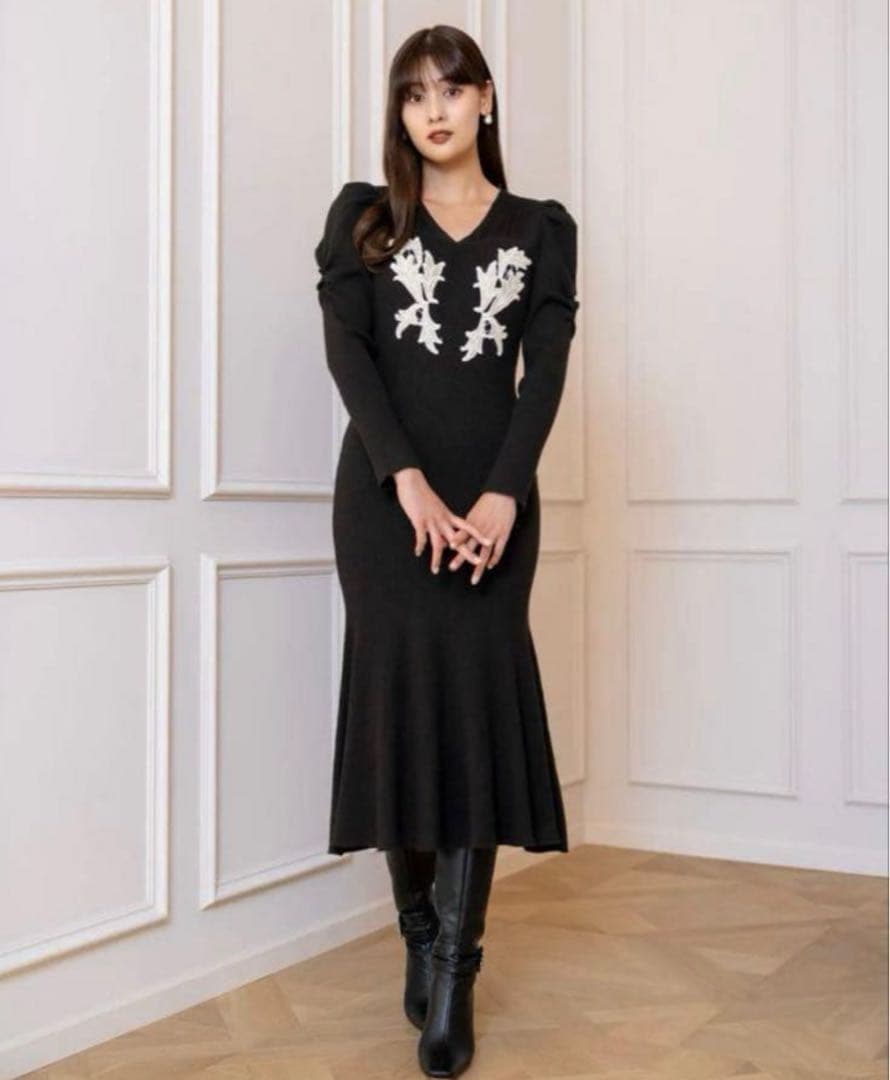 ワンピース herlipto Lily Lace Knit Midi Dress S