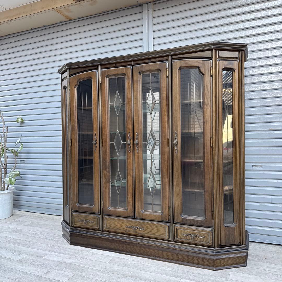 希少ヴィンテージ 旭川純木工芸　いさみや　ステンドグラス　飾り棚　キャビネット