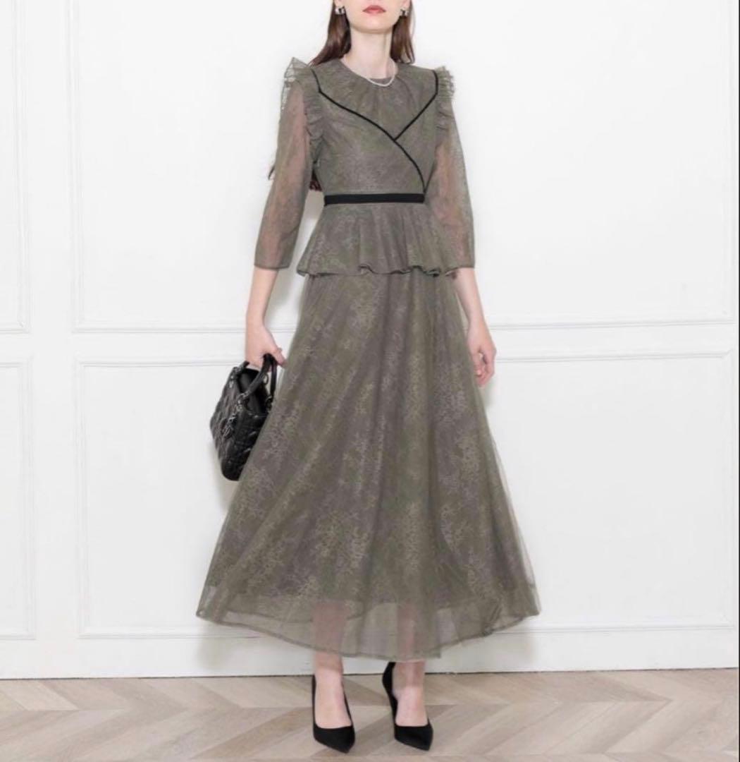 Leja 7分丈ワンピース グリーン パーティードレス 結婚式 総レース花柄