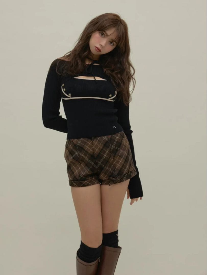 パンツ ANDMARY Ribbon check mini pants brown M