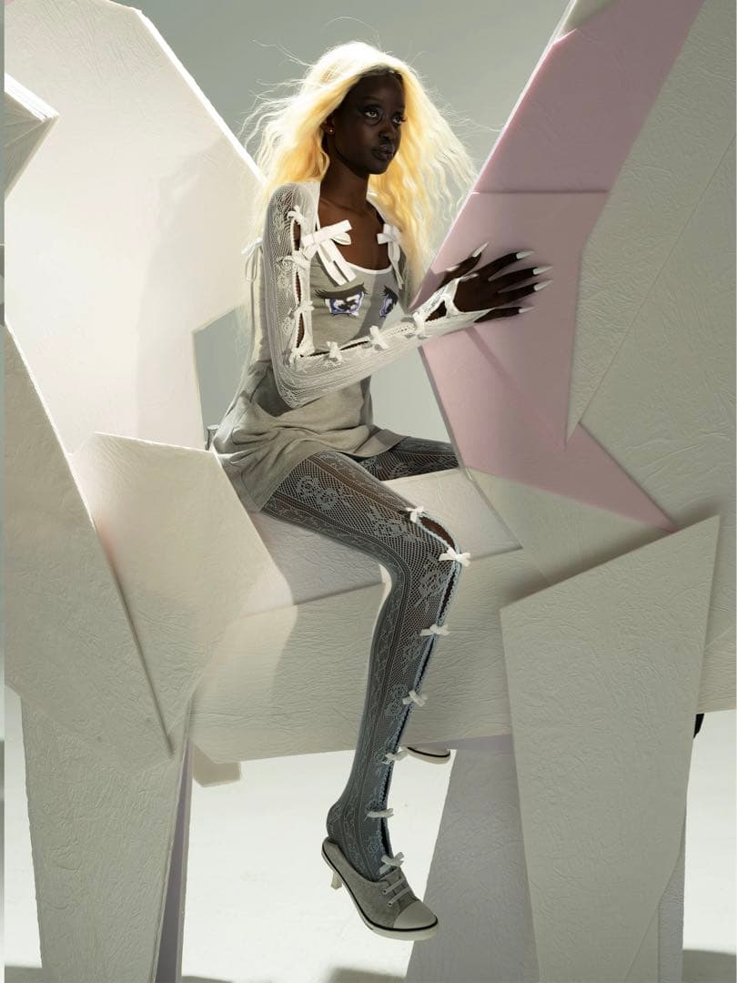 即日発送　NODRESS ブルー　ホワイト　リボン　タイツ　2024新発売