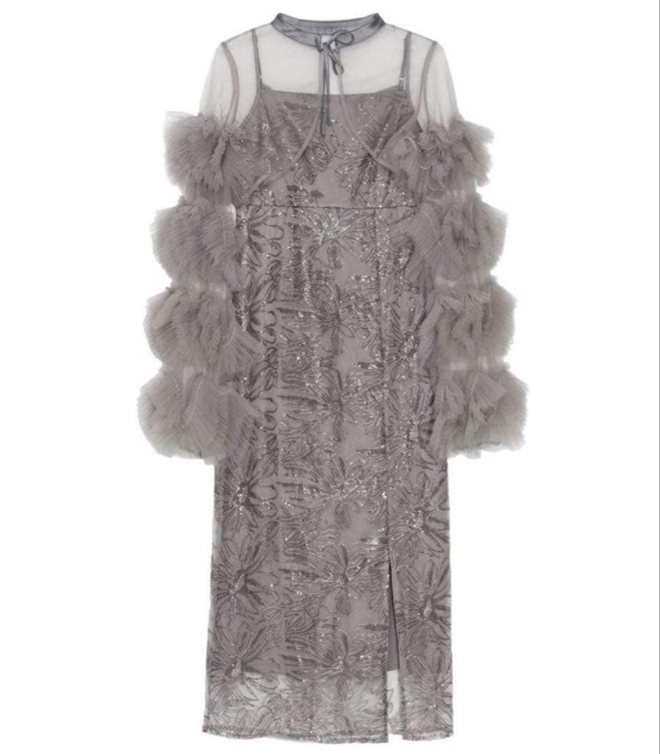 leja フリルチュールスリーブリボンIラインワンピースドレス　M