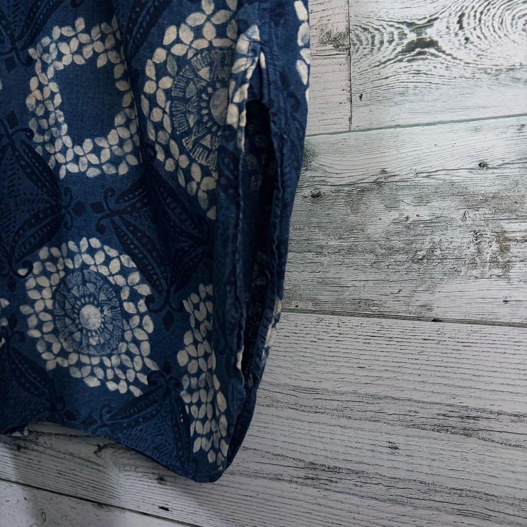 ☆美品☆45R 抜染プリントのビッグシャツドレス（インディゴ）　0サイズ