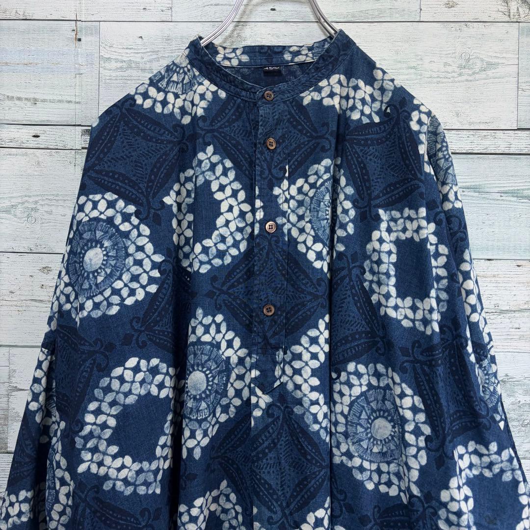 ☆美品☆45R 抜染プリントのビッグシャツドレス（インディゴ）　0サイズ
