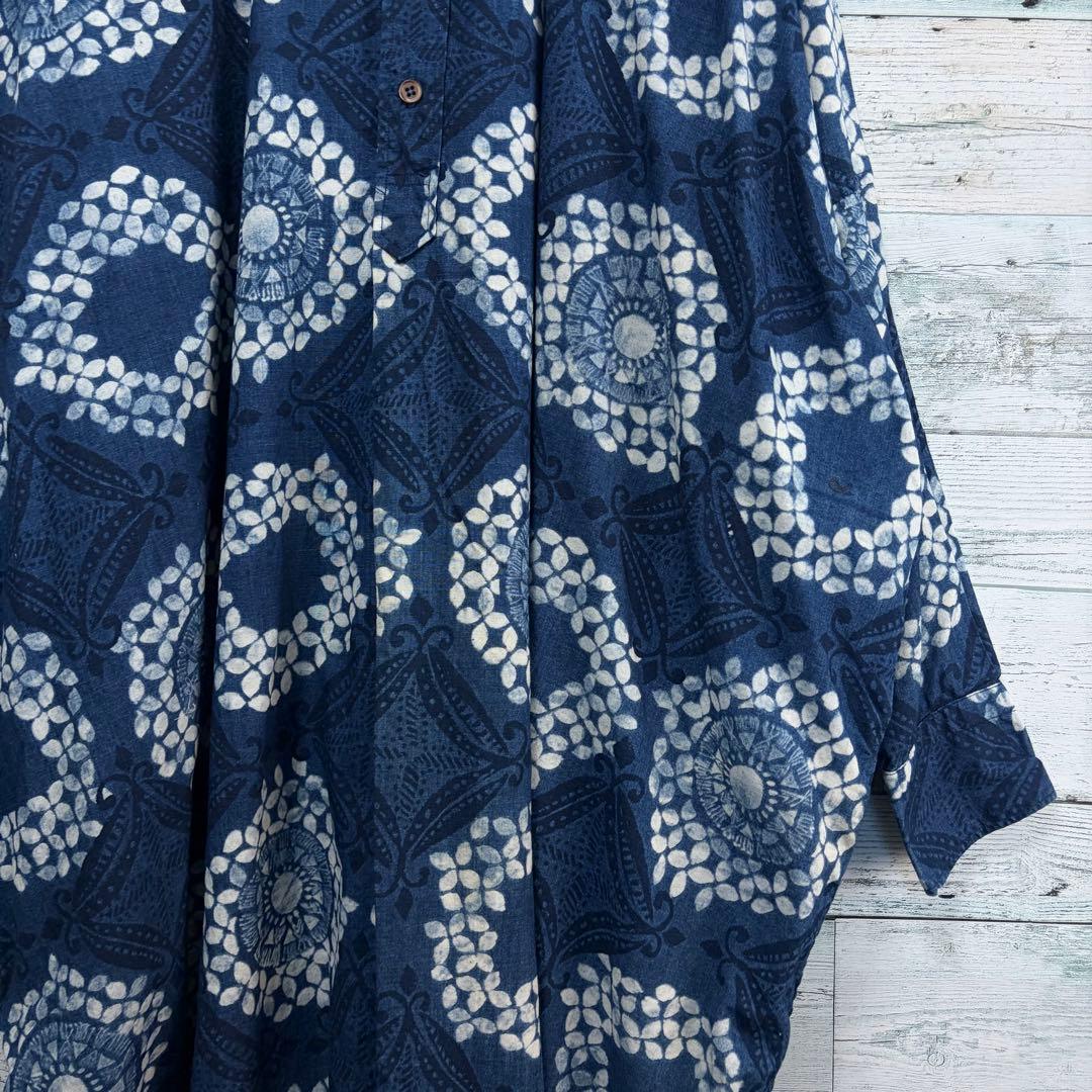 ☆美品☆45R 抜染プリントのビッグシャツドレス（インディゴ）　0サイズ