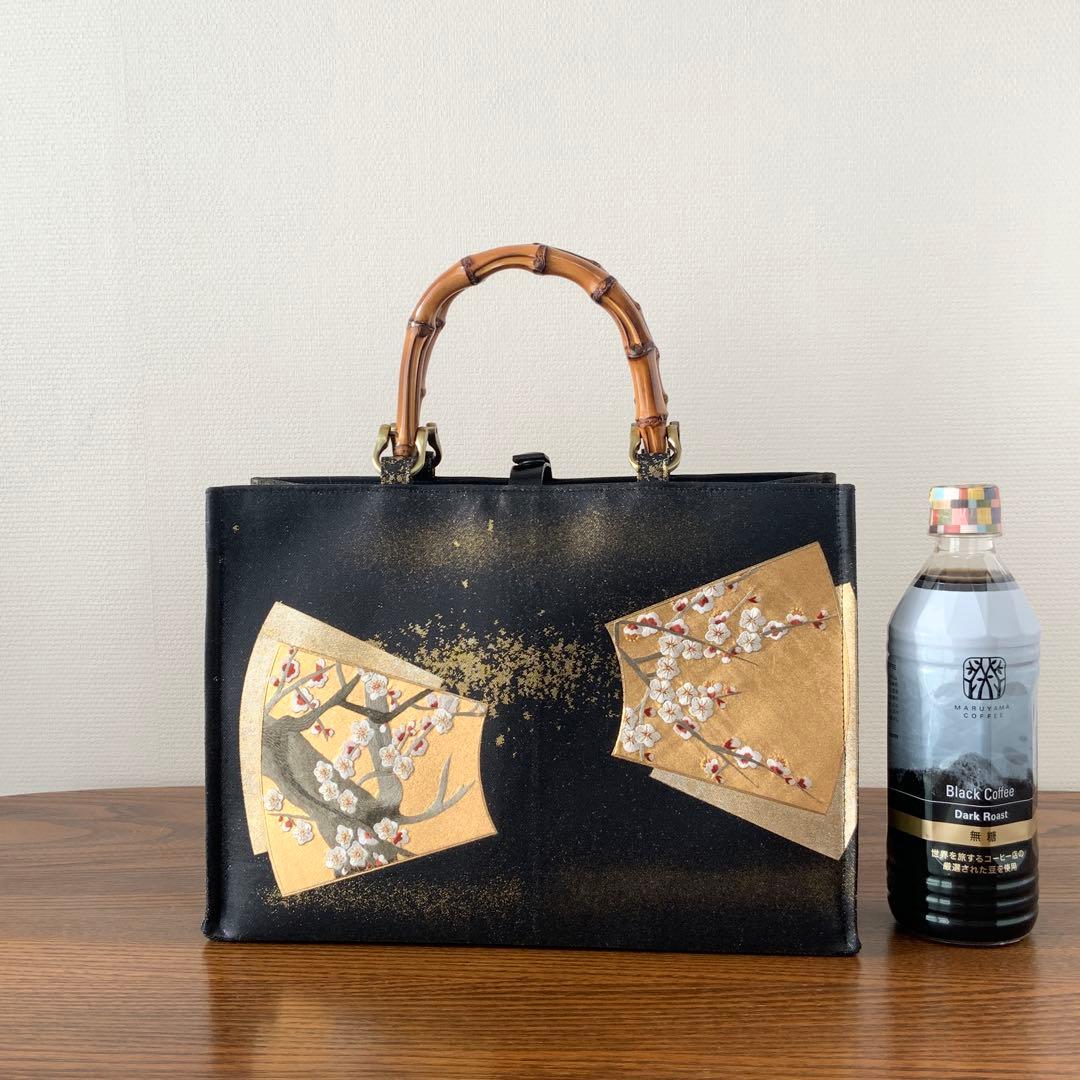 きらめく扇面に刺繍の白梅　袋帯　リメイク　バンブーハンドルバッグ　浅型マチ広め