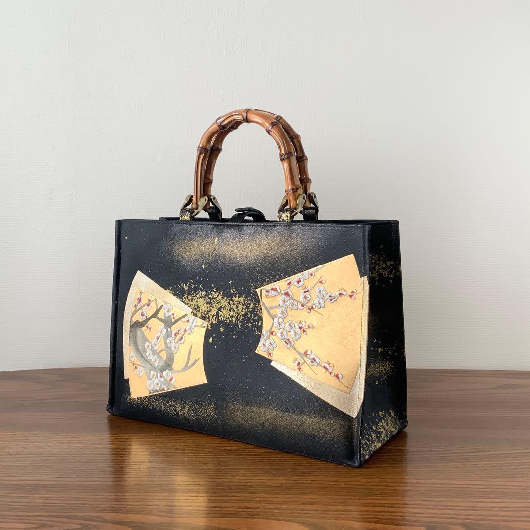 きらめく扇面に刺繍の白梅　袋帯　リメイク　バンブーハンドルバッグ　浅型マチ広め