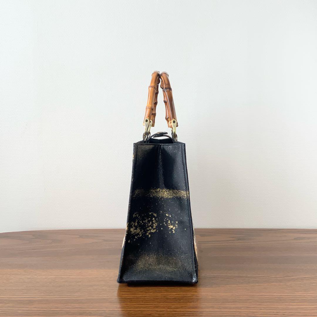 きらめく扇面に刺繍の白梅　袋帯　リメイク　バンブーハンドルバッグ　浅型マチ広め