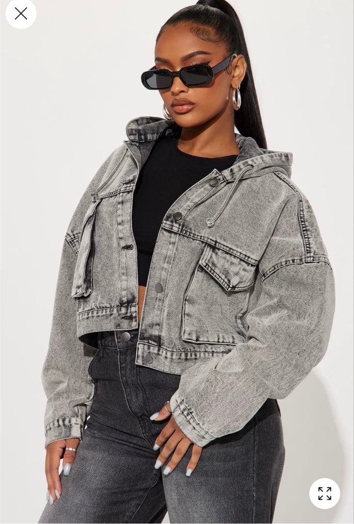 Miifashionnovaグレーフード付クロップドデニムジャケット