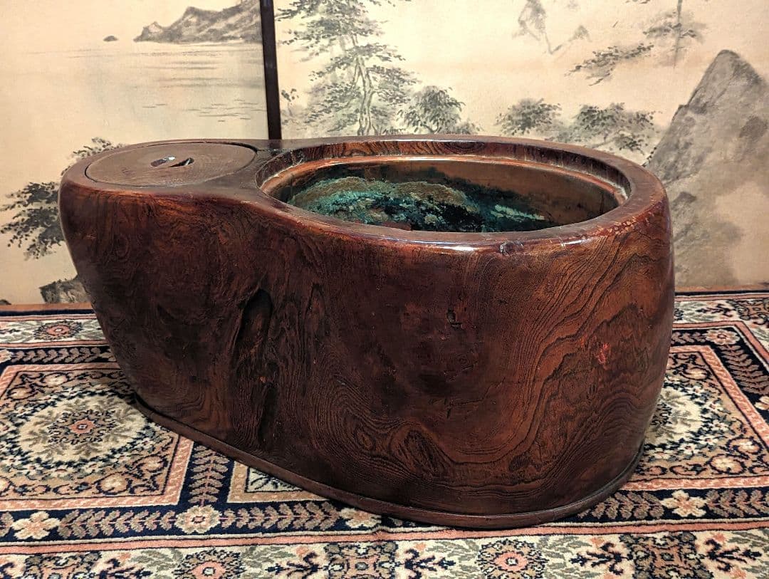 天然木切抜瓢箪形火鉢　瓢箪形五徳付き　　　民芸家具　時代家具　古民具　囲炉裏