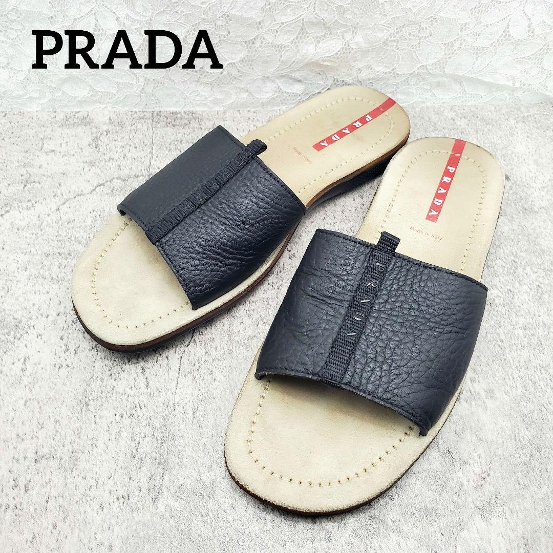 プラダ✨レザー スライドサンダル スリッパ 26～26.5cm 黒 イタリア製
