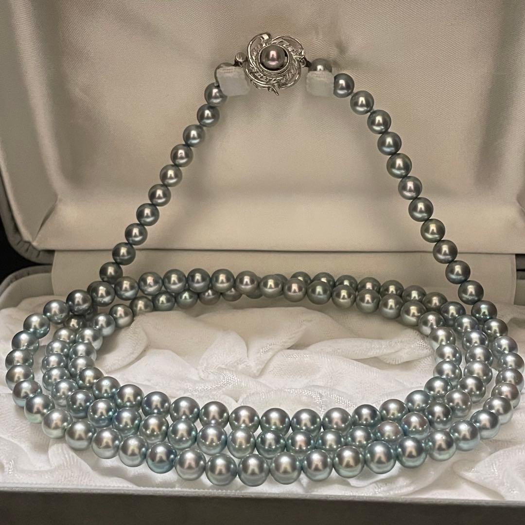 【テリ抜群✨美品】あこや真珠 ロングネックレス ブルーグレーパール 鑑別所 2連
