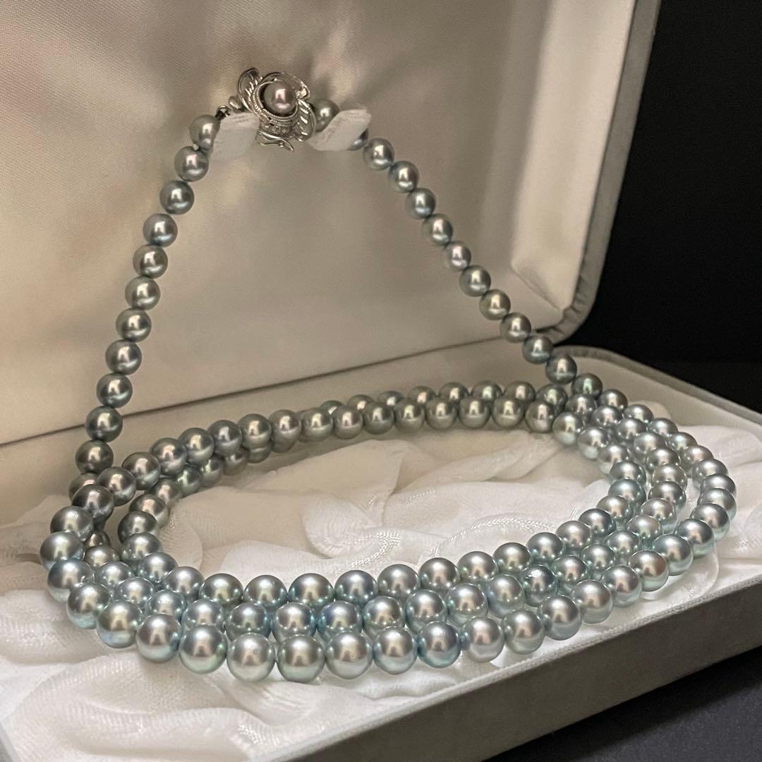 【テリ抜群✨美品】あこや真珠 ロングネックレス ブルーグレーパール 鑑別所 2連