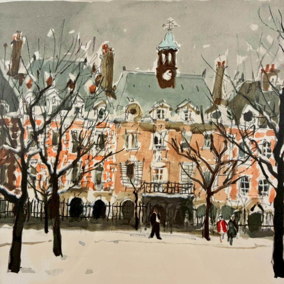 美品 児玉幸雄「雪のボージュ広場」リトグラフ 直筆サイン有 お洒落な額装 パリ