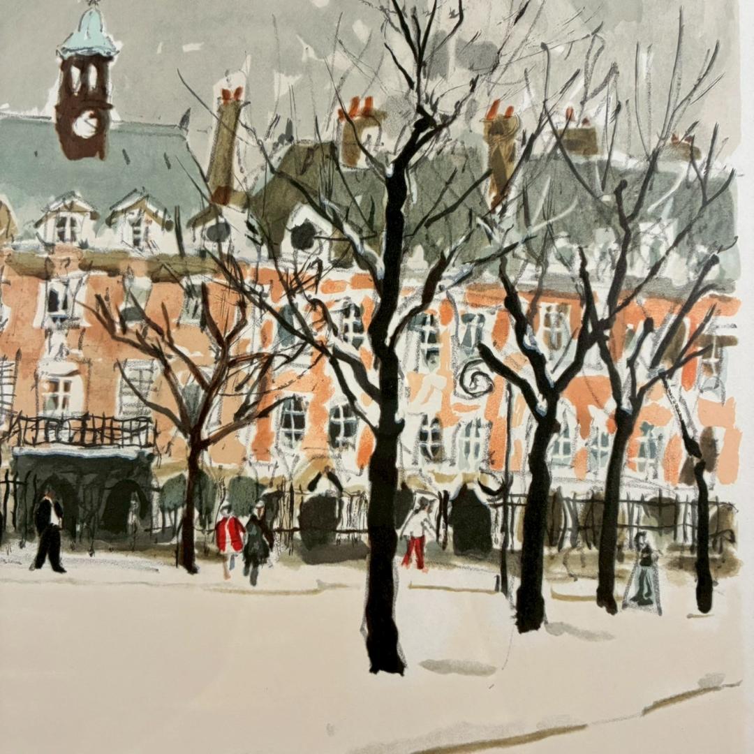 美品 児玉幸雄「雪のボージュ広場」リトグラフ 直筆サイン有 お洒落な額装 パリ