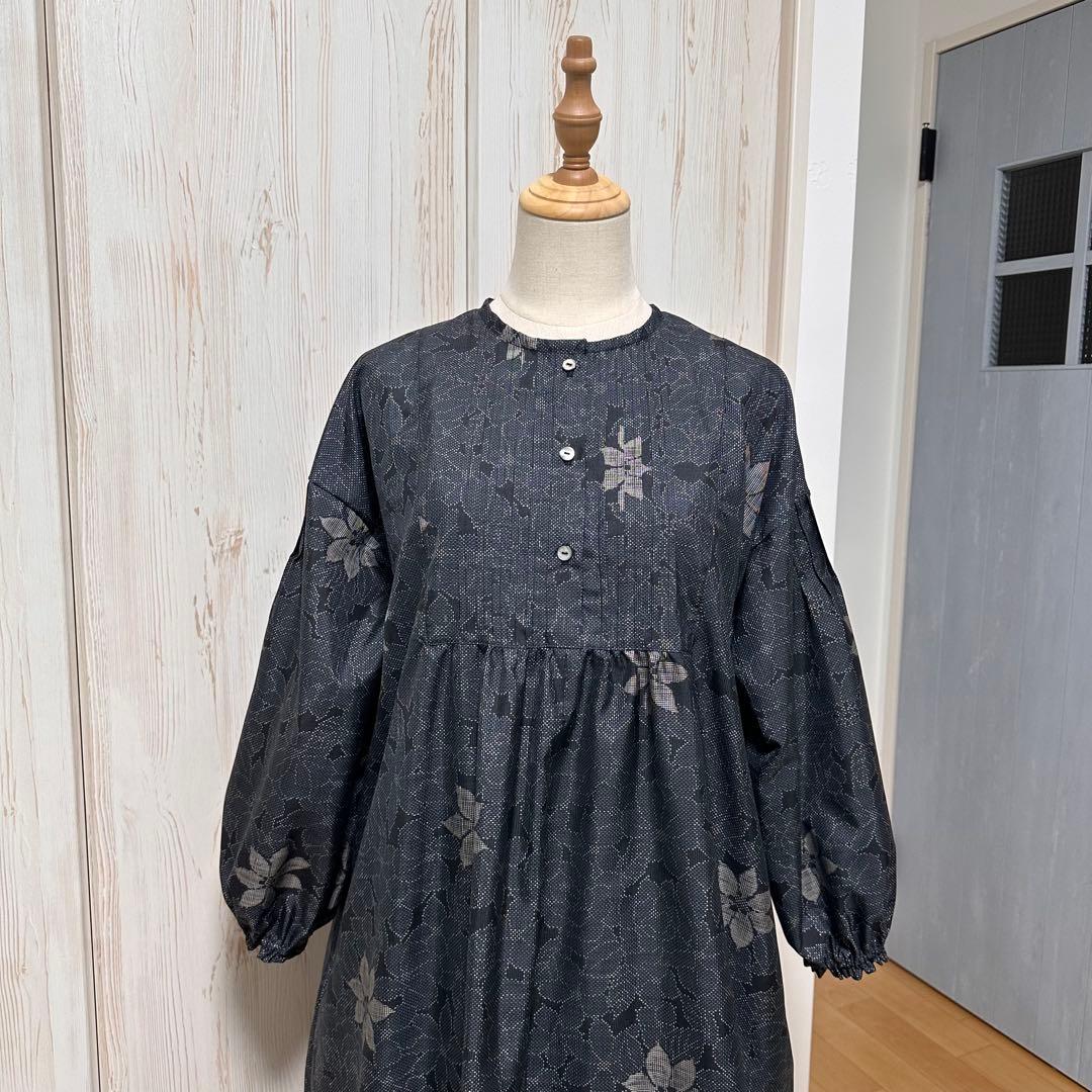 着物リメイク 大島紬(7マルキ)から前ボタンのヨーク切り替えAラインワンピース