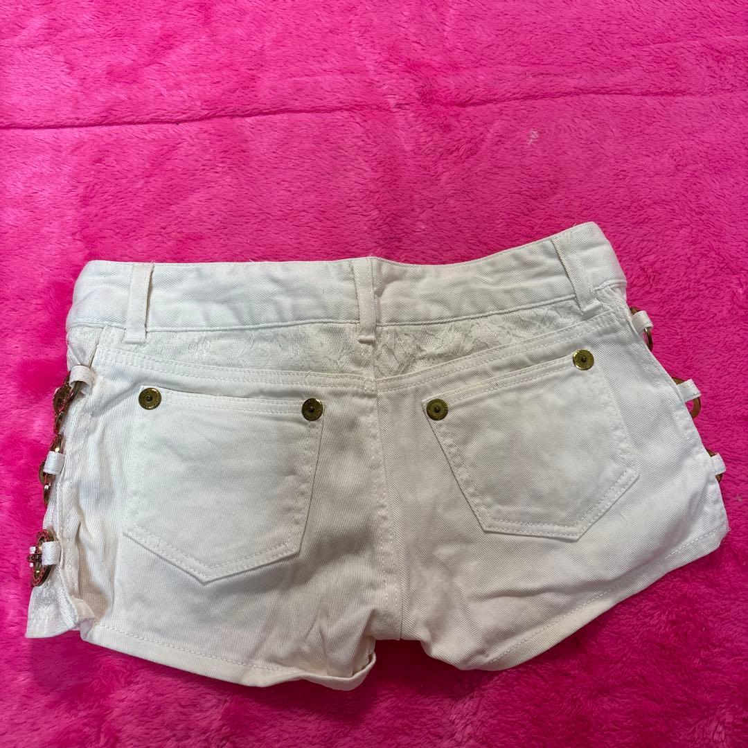 Y2K 平成ギャル系ホワイトデニムショートパンツサイドリング付き