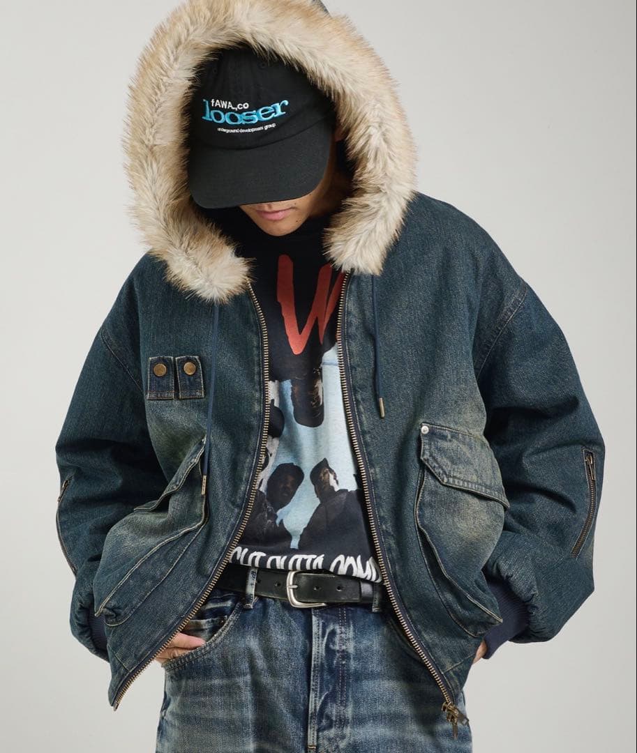 perushu ヴィンテージライクデニムフードファーブルゾン M