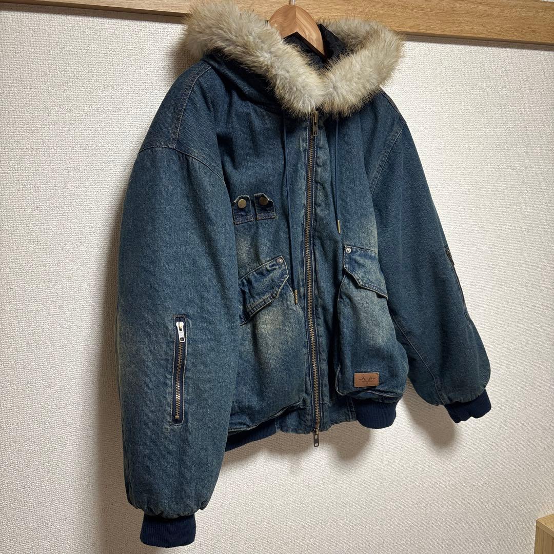perushu ヴィンテージライクデニムフードファーブルゾン M