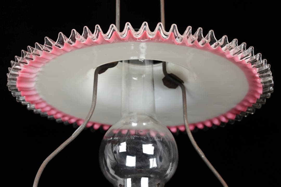 け*ん様 吊りオイルランプ 明治～大正期 乳白ガラス傘 マーブルピンク模様オイル