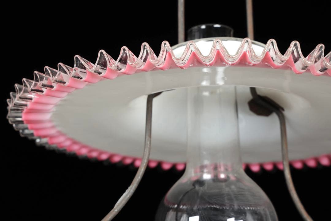 け*ん様 吊りオイルランプ 明治～大正期 乳白ガラス傘 マーブルピンク模様オイル