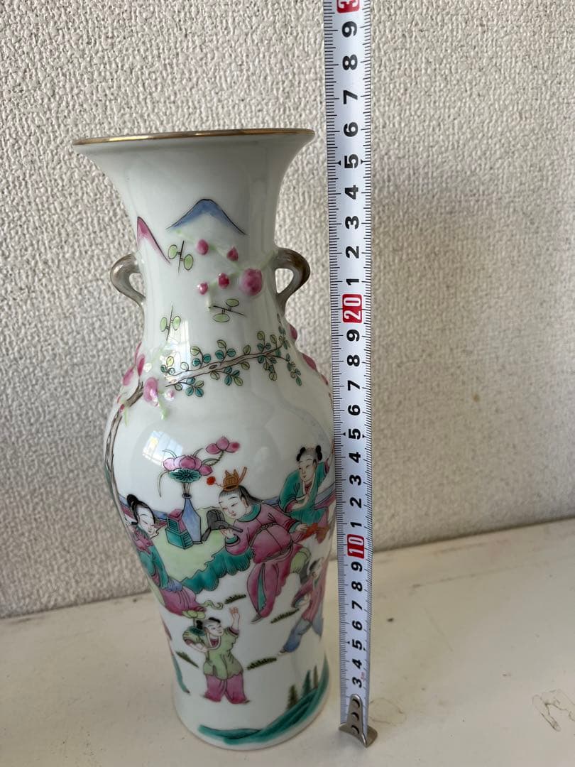 民国時代　中国古玩　粉彩　双耳 花瓶 壺　木箱