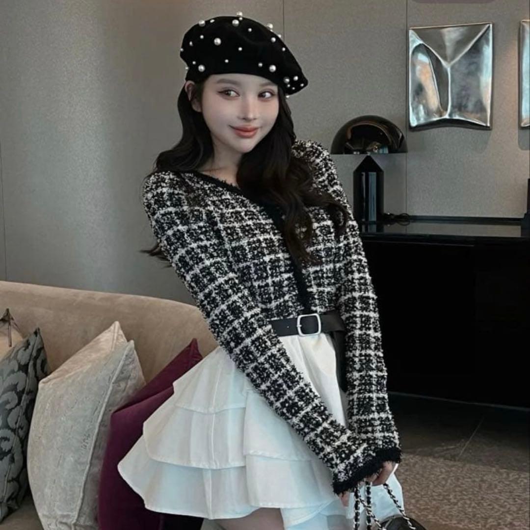 Darich ボリュームフリルツイードニットミニワンピース BLK