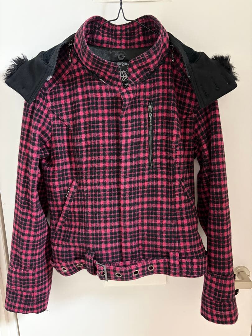 ALGONQUINS ピンク チェック 猫耳 フード ファー アウター