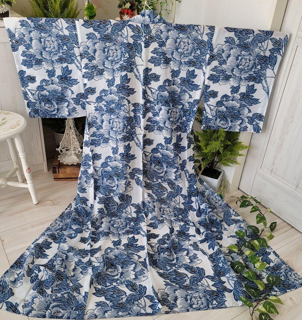 新品　竺仙　綿紅梅　風を吹かれる牡丹　白地にブルー